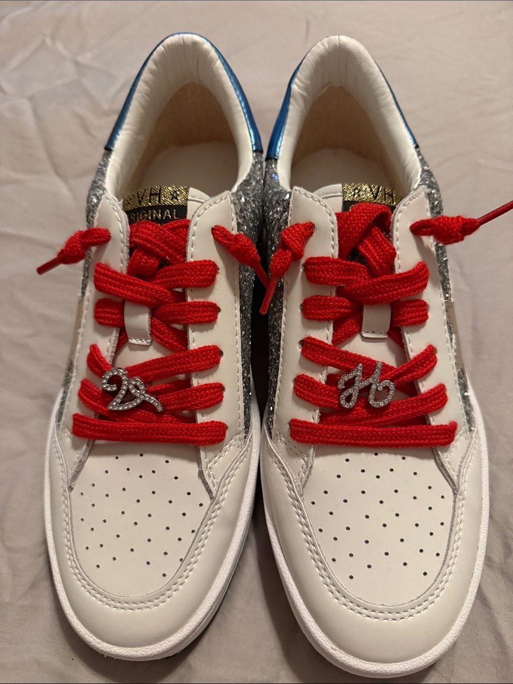 Vintage Havana White Sneakers with Red Laces and Silver Glitter Panels Size 8